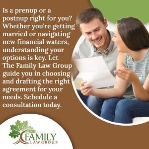 A couple smiling and looking at a document, with text asking if a prenup or postnup is right for them.