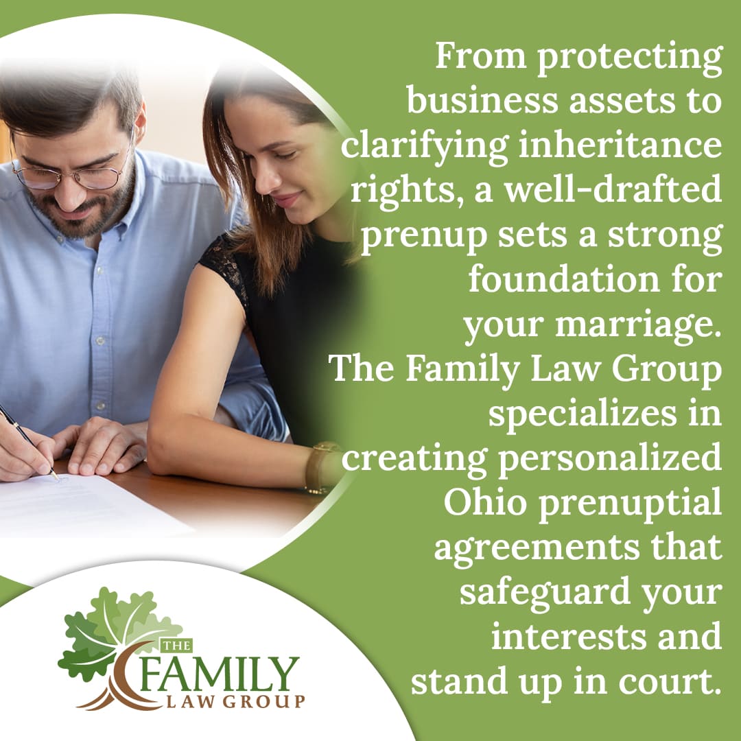 A couple signing a document, with text about protecting business assets and clarifying inheritance rights with Ohio prenuptial agreements.