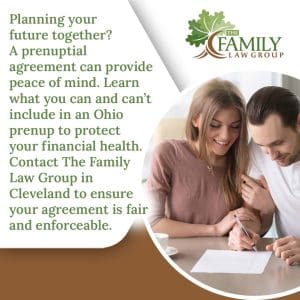 A smiling couple signing a document, with text about planning the future and what can be included in an Ohio prenup.