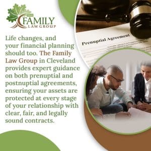 A family law group advertisement showing a prenuptial agreement, a gavel, and people signing documents.
