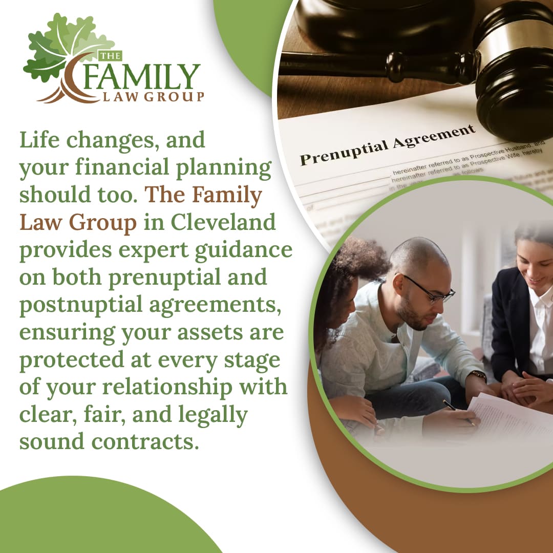 A family law group advertisement showing a prenuptial agreement, a gavel, and people signing documents.