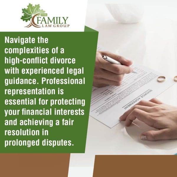 A legal infographic with "The Family Law Group" logo. Text advises navigating complex high-conflict divorces with experienced legal guidance for financial protection and fair resolution. In the background, hands are filling out a "Divorce Agreement" document with wedding rings nearby.