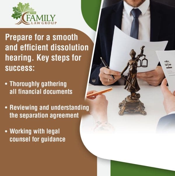 A legal infographic with "The Family Law Group" logo. Text describes preparing for a smooth dissolution hearing, listing steps like gathering financial documents, reviewing separation agreements, and working with legal counsel. In the background, people in suits review documents next to a Lady Justice statue.