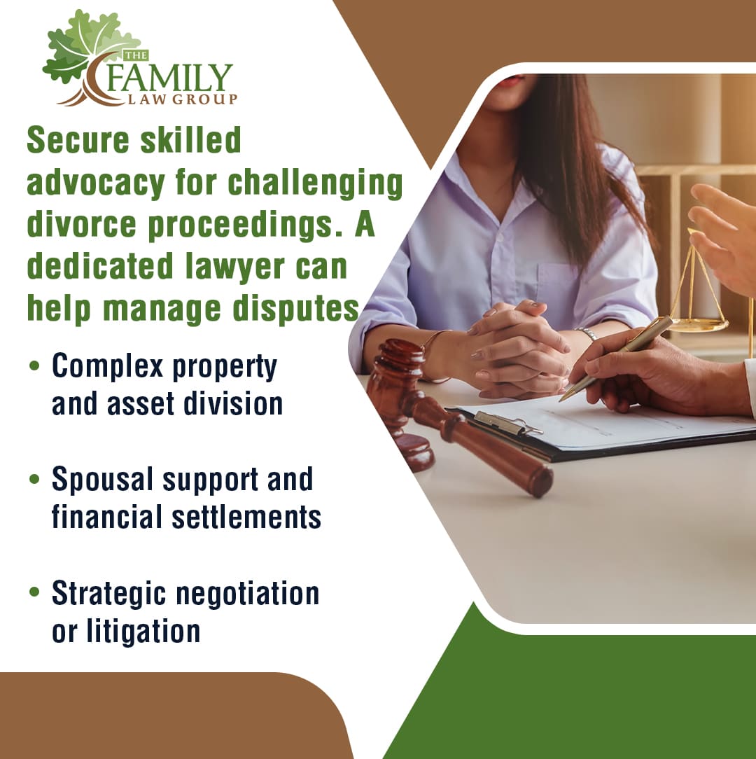 A legal infographic with "The Family Law Group" logo. Text emphasizes securing skilled advocacy for challenging divorce proceedings, mentioning management of complex property division, spousal support, and strategic negotiation/litigation. In the background, hands are signing legal documents next to a gavel and scales of justice.