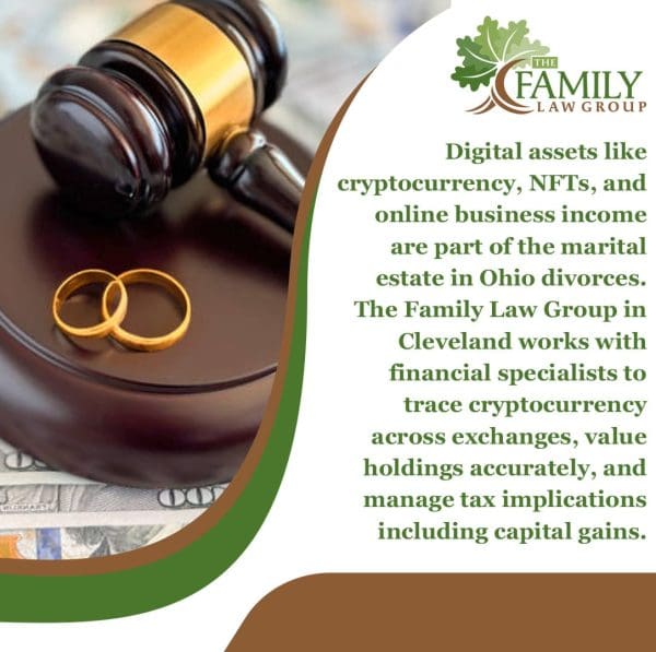 A gavel and two wedding rings resting on cash, with text about digital assets in Ohio divorces.