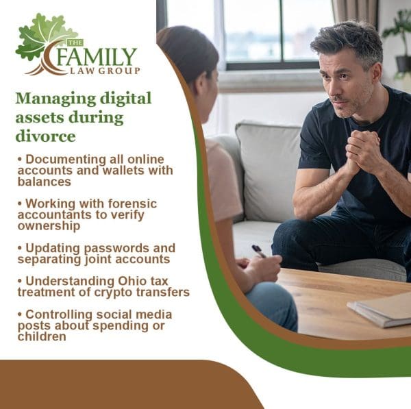A man and woman discussing digital assets during a divorce, listing steps for managing them.