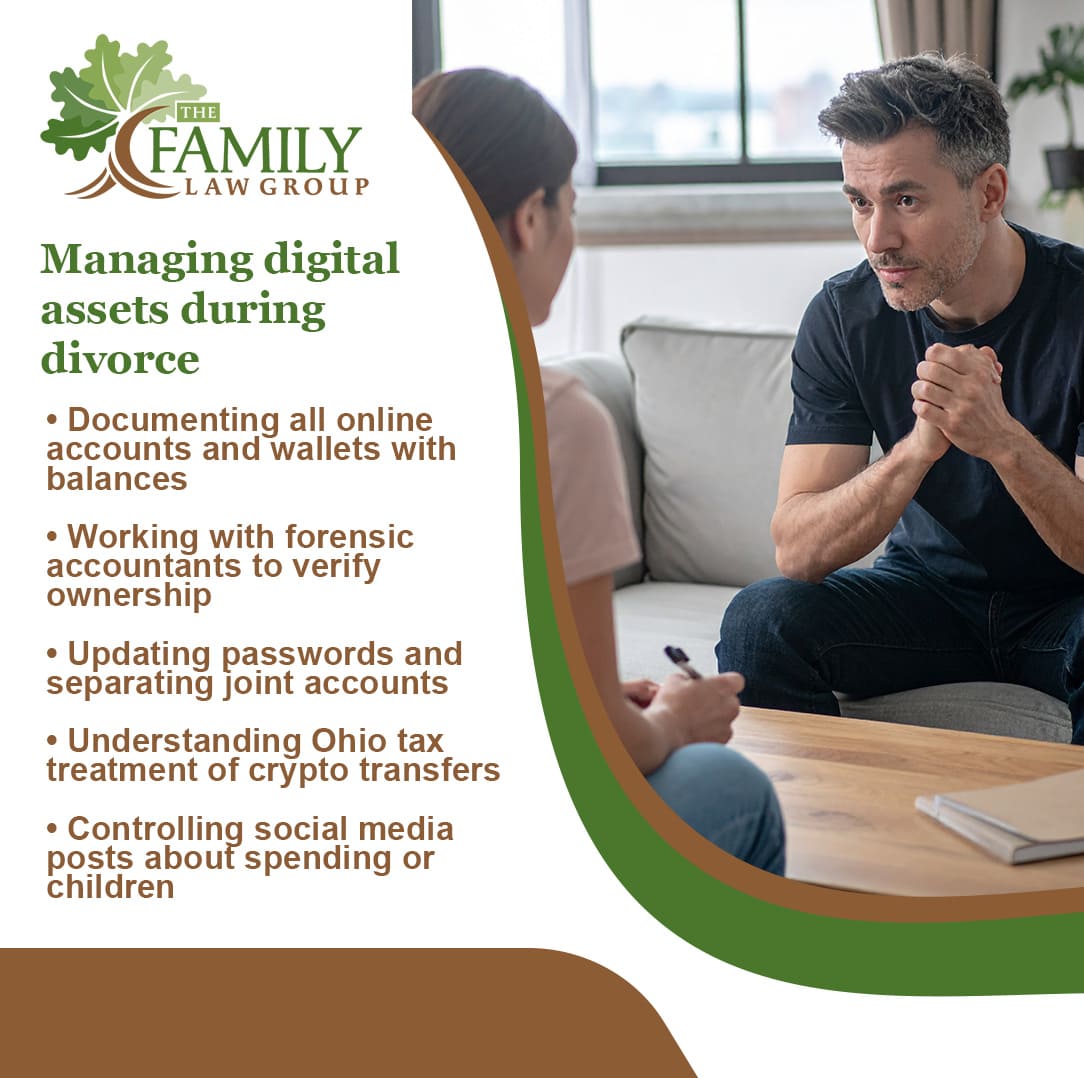 A man and woman discussing digital assets during a divorce, listing steps for managing them.