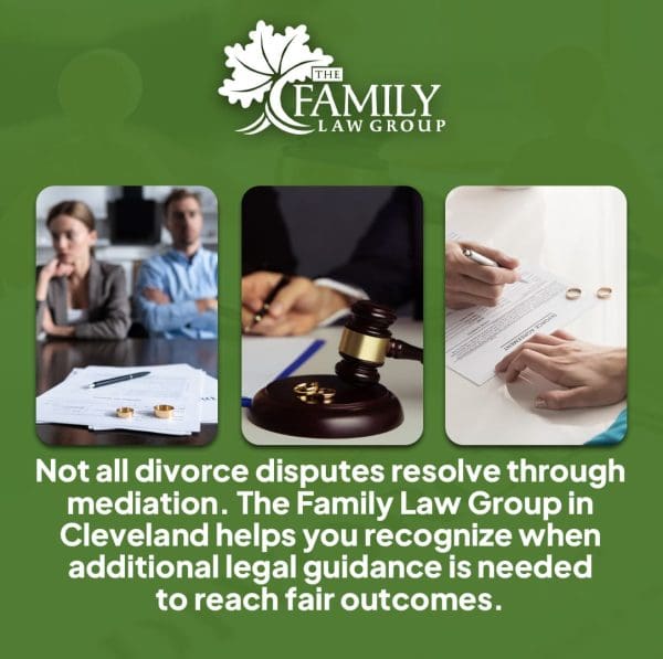 A couple looking stressed with divorce papers, a gavel resting on wedding rings, and a person signing a divorce agreement.