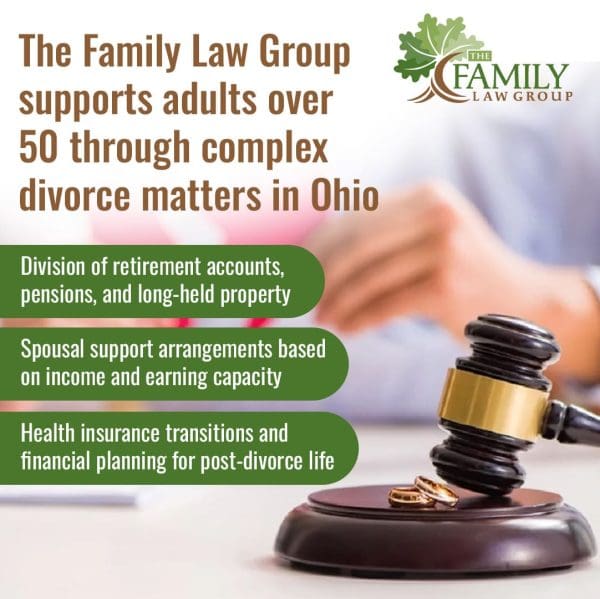 An educational graphic from The Family Law Group detailing legal services for adults over 50 facing divorce in Ohio. The image shows a judge's gavel next to two wedding rings on a wooden base.