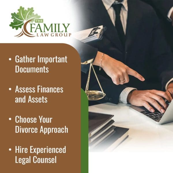 Family law attorney reviewing divorce documents and financial records before filing dissolution case