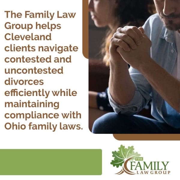 Couple sitting apart looking distressed during divorce consultation with Cleveland family law attorney