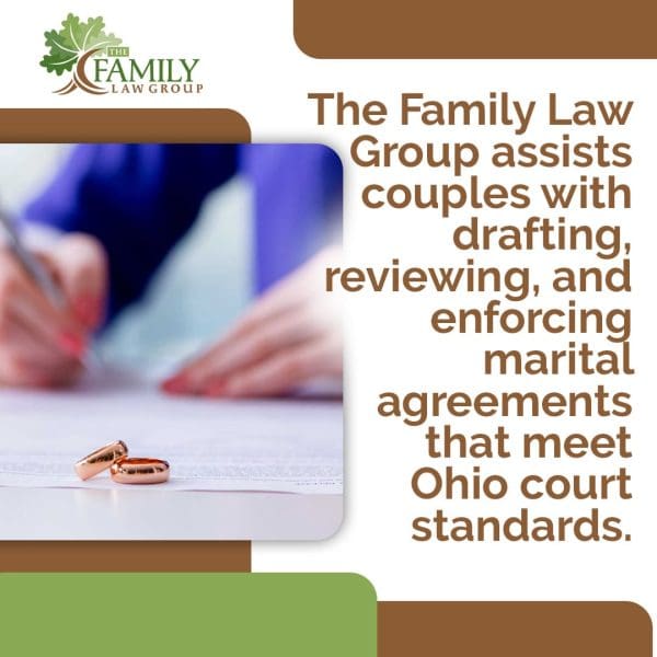 Wedding rings on legal document representing marital agreement drafting and review by Ohio family law attorney