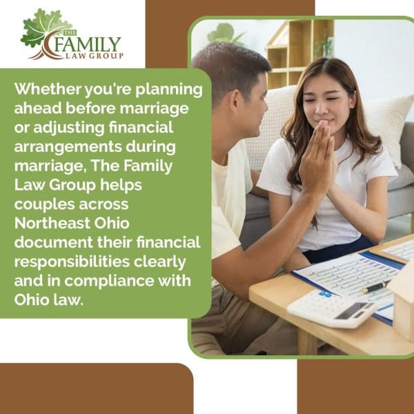 Couple reviewing financial documents and calculator for marital financial planning with family law attorney support in Ohio