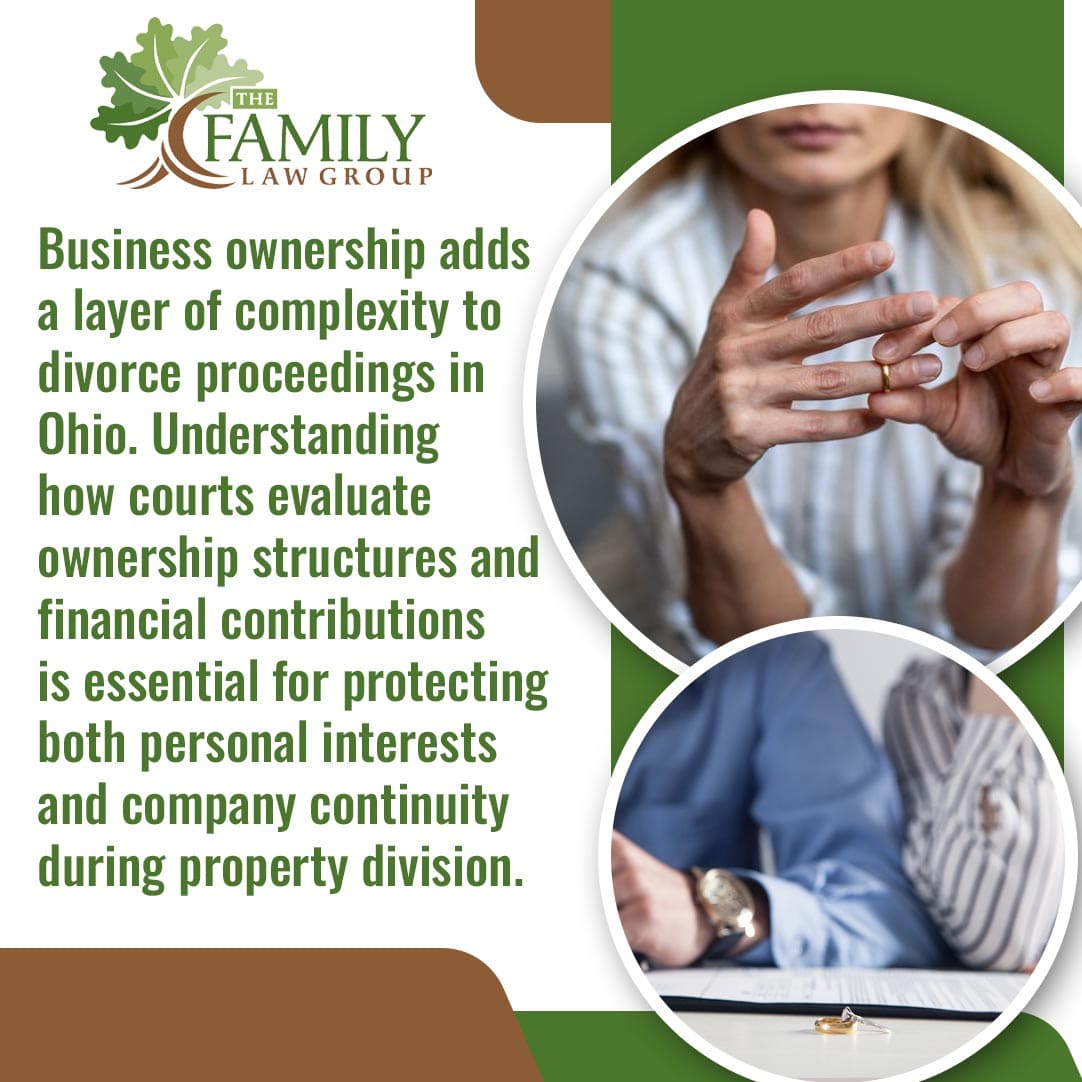 A guide on how Ohio courts evaluate business ownership structures and financial contributions during divorce property division, featuring an image of a woman taking off a wedding ring.