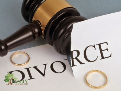 Paper with words: Divorce. Two rings and judge's gavel. TFLG logo.